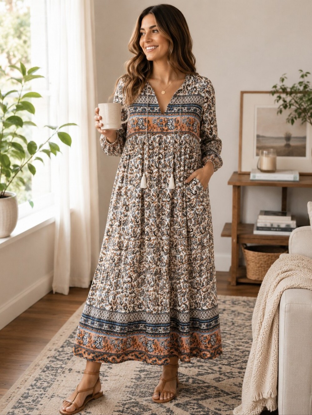 R. Vivimos Cream Blue Orange Floral Boho Dress L 12/14 Flowy Tassel Neck Hippie